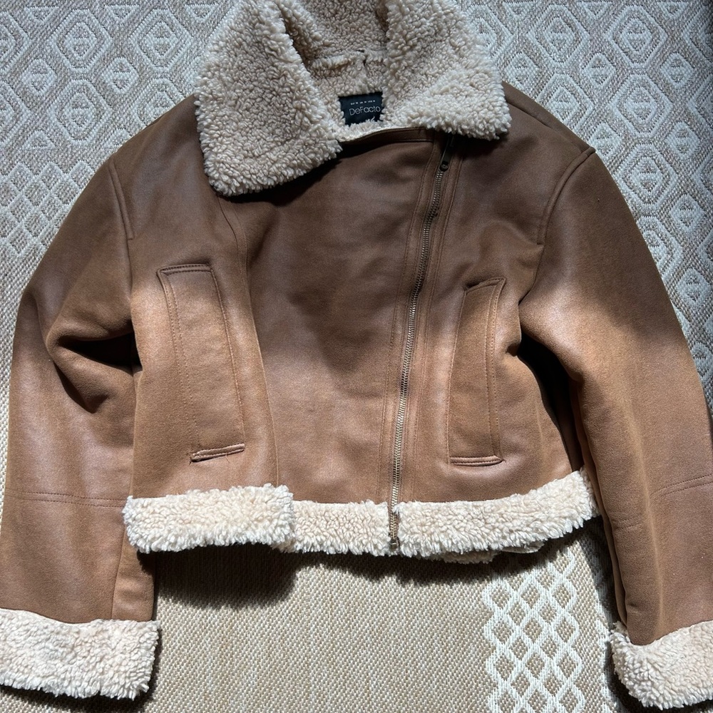 Defacto Medium Women’s Sherpa Brown Leather Zip up Jacket
